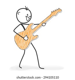 Stick Figure in Action - Stickman Rocking the Stage with a Guitar Icon. Stick Man Vector Drawing with White Background and Transparent, Abstract Three Colored Shadow on the Ground.