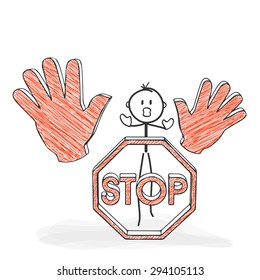 Stick Figure in Action - Stickman with a Stop Sign - Icon. Stick Man Vector Drawing with White Background and Transparent, Abstract Three Colored Shadow on the Ground.