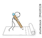 Stick Figure in Action - Stickman writes a letter with a Pencil Icon. Stick Man Vector Drawing with White Background and Transparent, Abstract Three Colored Shadow on the Ground.