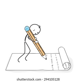 Stick Figure in Action - Stickman writes a letter with a Pencil Icon. Stick Man Vector Drawing with White Background and Transparent, Abstract Three Colored Shadow on the Ground.