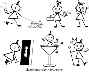 Stick figure of active woman. Part 5 (to walk the dog, the birthday gift, sore tooth, to peep through the keyhole, to drink a cocktail, delusions of grandeur)