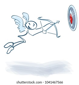Stick figure aims with bow and arrow at a target