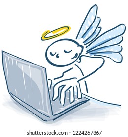 Stick figure as angel ordering on a laptop