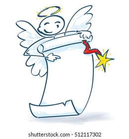 Stick figure angel with a paper roll