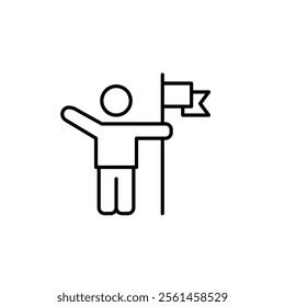 Stick figure with arm raised up and flag. Important milestone or goal achieved. Personal and business success. Pixel perfect vector icon