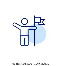 Stick figure with arm raised up and flag. Important milestone or goal achieved. Personal and business success. Pixel perfect, editable stroke icon