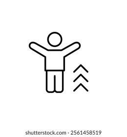 Stick figure with arms raised up and arrows up. Personal and professional growth, promotion and success. Pixel perfect vector icon