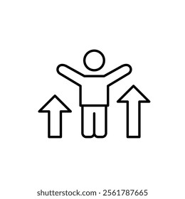 Stick figure with arms raised up in celebration and two arrows up. Professional and personal growth and success. Pixel perfect vector icon