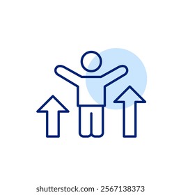 Stick figure with arms raised up in celebration and two arrows up. Professional and personal growth and success. Pixel perfect, editable stroke icon