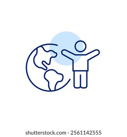 Stick figure with arms raised up and Earth. Global impact, eco conscious community effort, planet protection. Pixel perfect, editable stroke icon