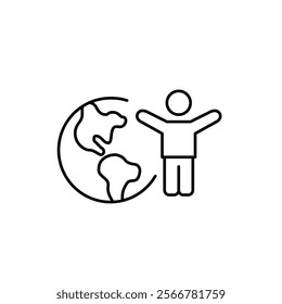 Stick figure with arms raised up and Earth. Global impact, eco conscious community effort, planet protection. Pixel perfect vector icon