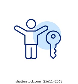 Stick figure with arms raised up in happy gesture and key. Moving houses, home owner. Real estate shopping. Pixel perfect, editable stroke icon