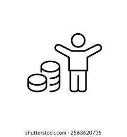 Stick figure with arms raised up in happy or winning gesture and coins stack. Financial success, wealth and stability. Pixel perfect vector icon