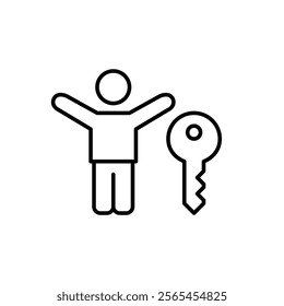 Stick figure with arms raised up in happy gesture and key. Moving houses, home owner. Real estate shopping. Pixel perfect vector icon