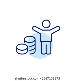 Stick figure with arms raised up in happy or winning gesture and coins stack. Financial success, wealth and stability. Pixel perfect, editable stroke icon