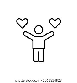 Stick figure with arms raised up and hearts. Support, compassion and understanding. Love and joy in community and friendship. Pixel perfect vector icon