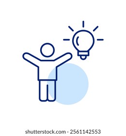 Stick figure with arms raised up and light bulb. Innovation, inspiration and use of new technologies. Pixel perfect, editable stroke icon
