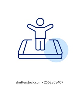 Stick figure with arms raised on isometric smartphone. Digital hub for success and happiness, advanced user. Pixel perfect, editable stroke icon