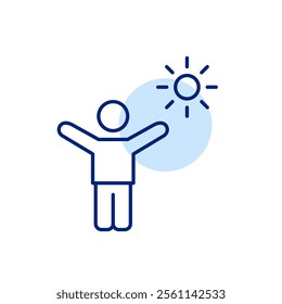 Stick figure with arms raised up and sun. Enthusiasm and readiness for change and success. Pixel perfect, editable stroke icon