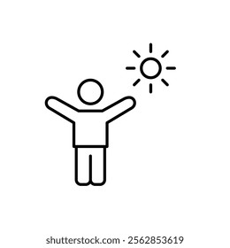 Stick figure with arms raised up and sun. Enthusiasm and readiness for change and success. Pixel perfect vector icon