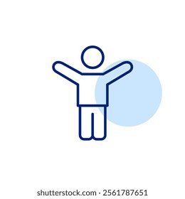 Stick figure with arms raised up. Celebration of victory, joy and happiness of success. Pixel perfect, editable stroke icon
