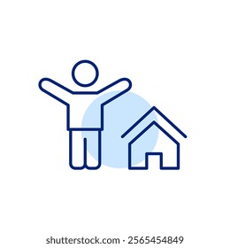 Stick figure with arms raised up. Joy of home ownership. Buying property, real estate shopping for rent or lease. Pixel perfect, editable stroke icon