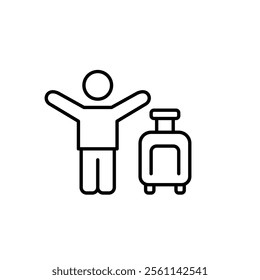 Stick figure with arms raised up and wheeler suitcase. Happy tourists, ready for holidays. Vacation joy and adventure. Pixel perfect vector icon