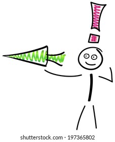 Stick figure with arrow and exclamation mark on white background.