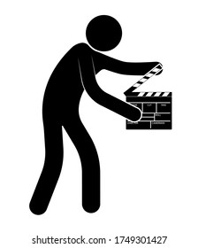 stick figure, assistant director uses the clapperboard to begin filming the film. Isolated vector on white background