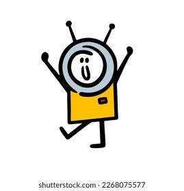 Stick figure astronaut in helmet with  antenna and  spacesuit walking on the planet. Vector illustration of happy stick figure boy on costume party.