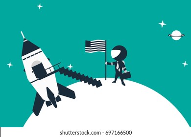 Stick figure astronaut landed on planet with his rocket, placing flag in the ground. Flat design concept