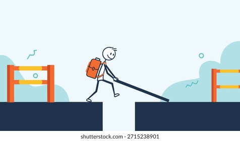 Fixe a figura com uma mochila usando criativamente um poste para preencher uma lacuna, ilustrando a solução de problemas, superando obstáculos e engenhosidade.