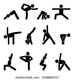 Stick figure basic yoga position set. Vector illustration of sportsman pictogram on white