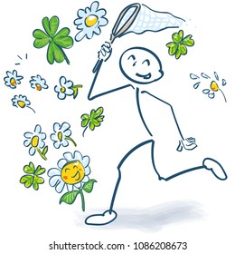 Stick figure with a beaker at the flowers catch