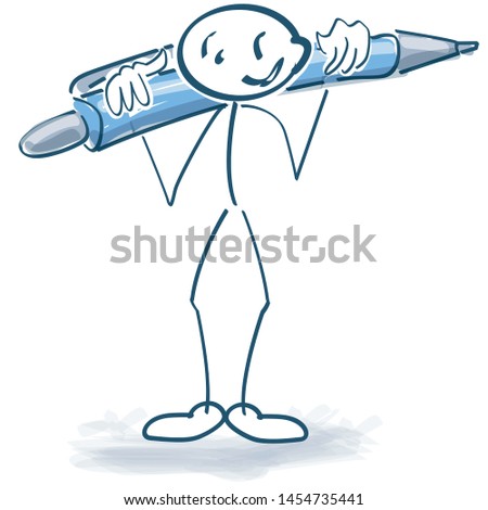 Stick figure with a big blue ballpoint pen on the shoulders Imagine de stoc © 