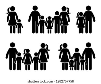 Stick figure big family icon standing together. Parents and kids isolated pictogram