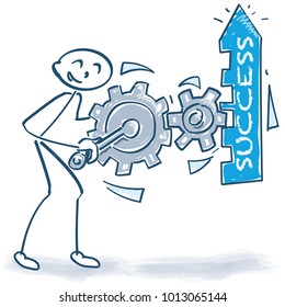 Stick figure with boost the success with gears and business concept