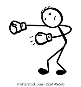 Stick figure with boxing gloves, hand drawn icon of punching 