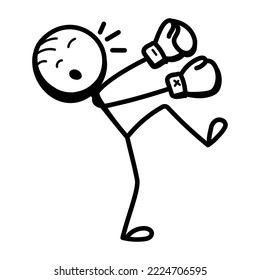 Stick figure with boxing gloves, hand drawn icon of punching 