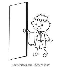 Stick figure  boy in a bathrobe with a towel opens the door to the bathroom