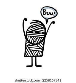 Stick figure boy in the costume of an ancient Egyptian mummy raised his hands up and says boo. Vector cartoon illustration of a scary monster for Halloween.