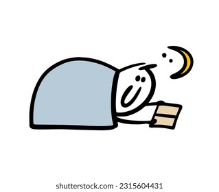 Stick figure boy has crawled under the blanket and is reading a book at night by the light of the moon. Vector illustration of the library and the reader. Cartoon image isolated on white background.