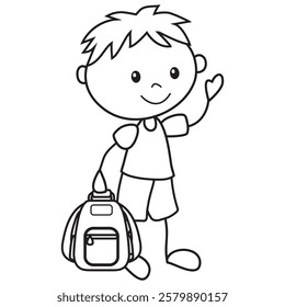 Stick figure boy holding  his school bag vector cartoon illustration