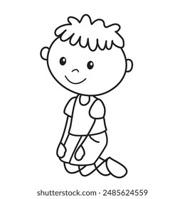 Stick figure boy kneeling
 vector cartoon illustration