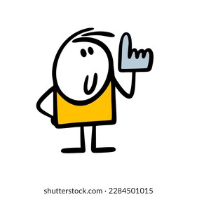 Stick figure boy put a large glove on the accessory's hand and points his finger up at useful information, attracting attention. Vector illustration of cartoon funny child.