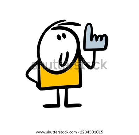 Stick figure boy put a large glove on the accessory's hand and points his finger up at useful information, attracting attention. Vector illustration of cartoon funny child.