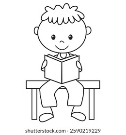 Stick figure boy reading books vector cartoon illustration