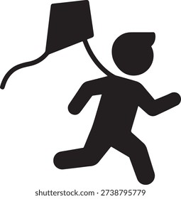 Stick figure boy running with a flying kite. Child playing with toy vector silhouette. Summer outdoor activity icon.
