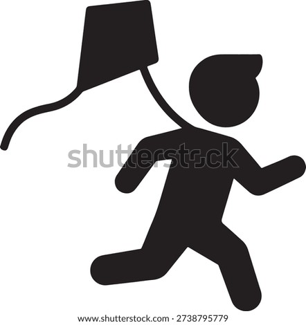 Stick figure boy running with a flying kite. Child playing with toy vector silhouette. Summer outdoor activity icon.