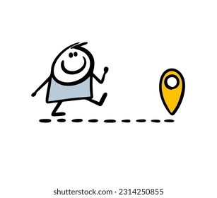 Stick figure boy walking on dotted line to the location sign mark. Vector illustration of happy doodle character travelling outdoor. Cartoon image isolated on white background.